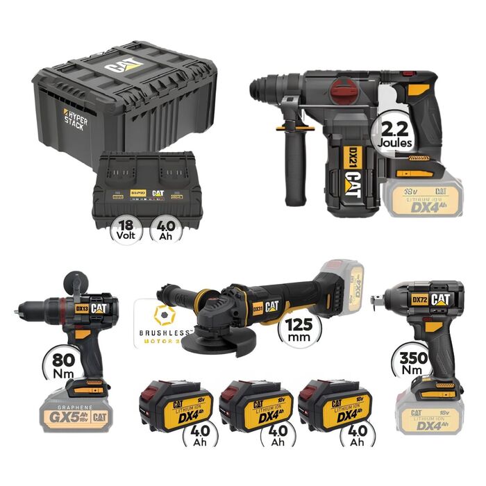 CAT Combo-21 Γωνιακός DX314B, Δράπανο DX13B, Μπουλονόκλειδο DX72B, Σκαπτικό DX21B, Εργαλειοθήκη DA41003 CAT Combo-21 Γωνιακός DX314B, Δράπανο DX13B, Μπουλονόκλειδο DX72B, Σκαπτικό DX21B, Εργαλειοθήκη DA41003
